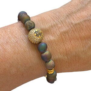 Rustic cuff Natural Druzy Stone Aurora Borealis Logo Stretch Bracelet